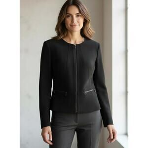 Calvin Klein Collarless Blazer Women's Black Zip Front Size 10 Front Zip Pockets